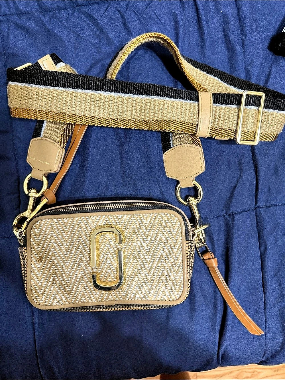 Marc Jacobs The Mixed Media Woven Snapshot Camera Bag Tan & Black